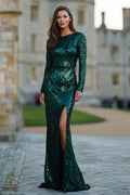 Dark Green Sequin Mermaid Long Sleeve Formal Dress With Slit