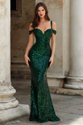 Dark Green Cold Shoulder Mermaid Sequin Prom Dress