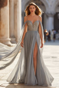 Light Grey A-Line Cold Shoulder Maxi Prom Dress With Slit