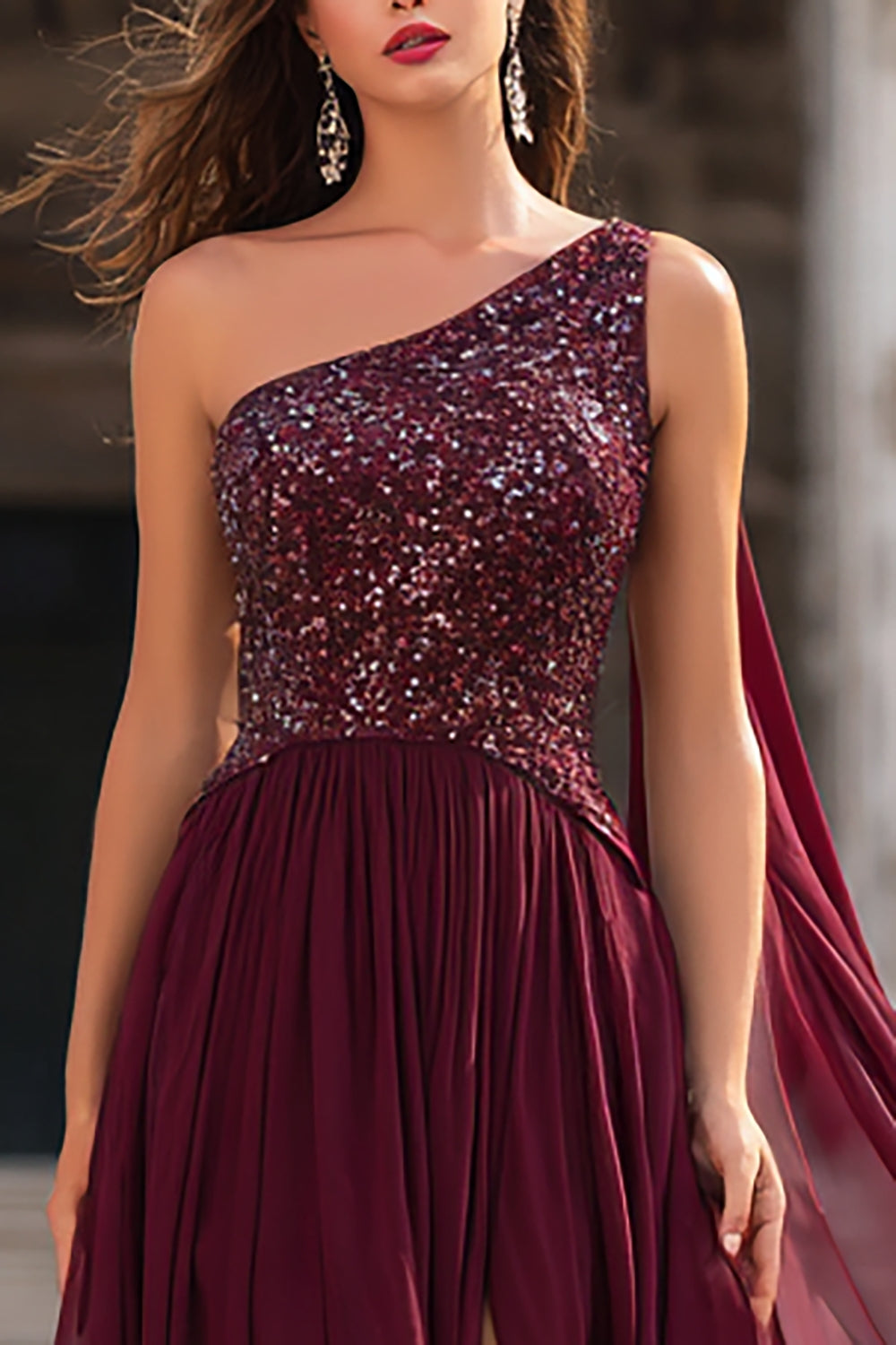 Burgundy One Shoulder Sequin A-Line Maxi Dress With Slit