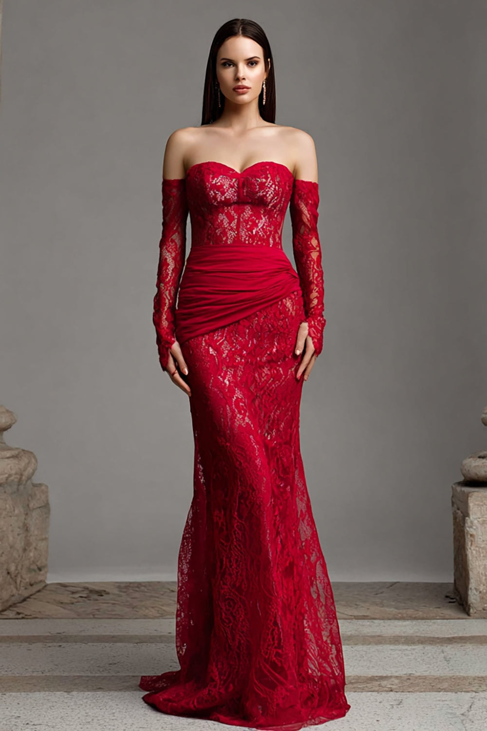 Red Lace Mermaid Strapless Long Formal Dress