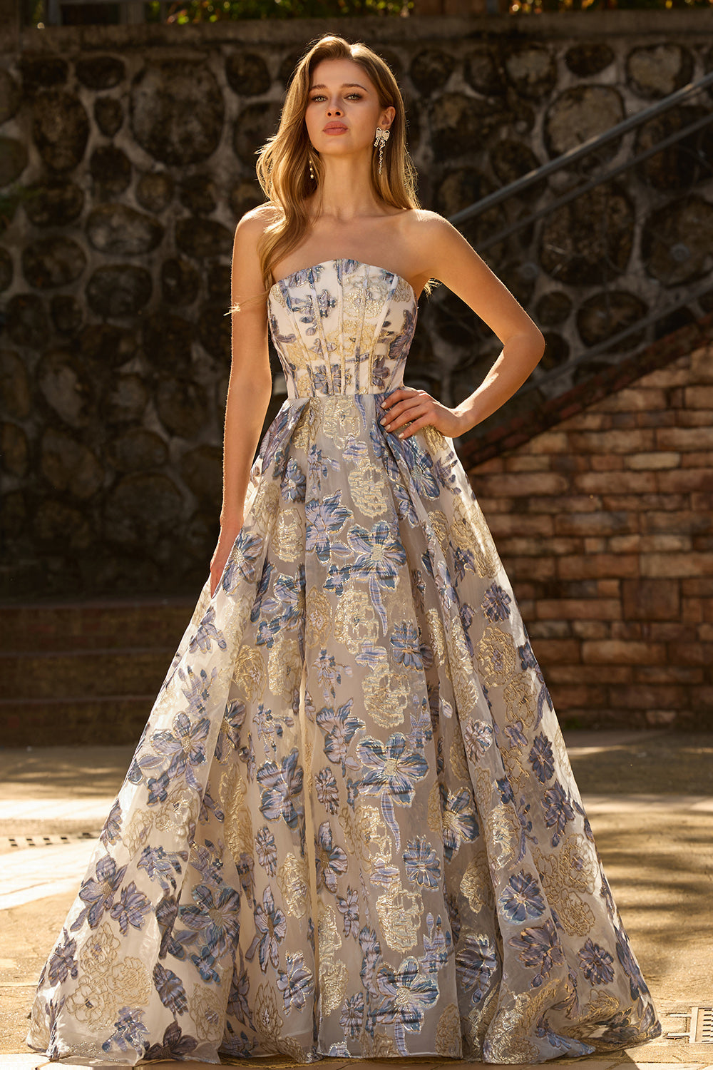 Strapless Corset A Line Dusty Blue Floral Prom Dress