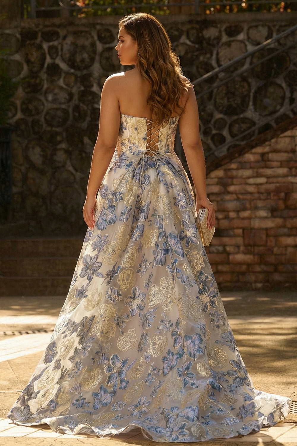 Strapless Plus Size Corset A Line Brocade Dusty Blue Prom Dress