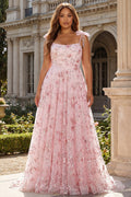 Sparkly Pink Floral Corset Plus Size A Line Prom Dress