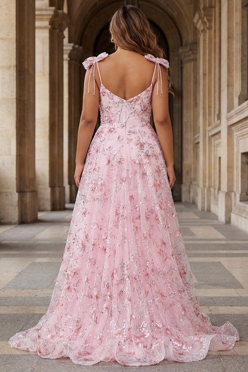 Sparkly Pink Floral Corset Plus Size A Line Prom Dress