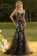Sparkly Black Floral Mermaid Corset Maxi Prom Dress