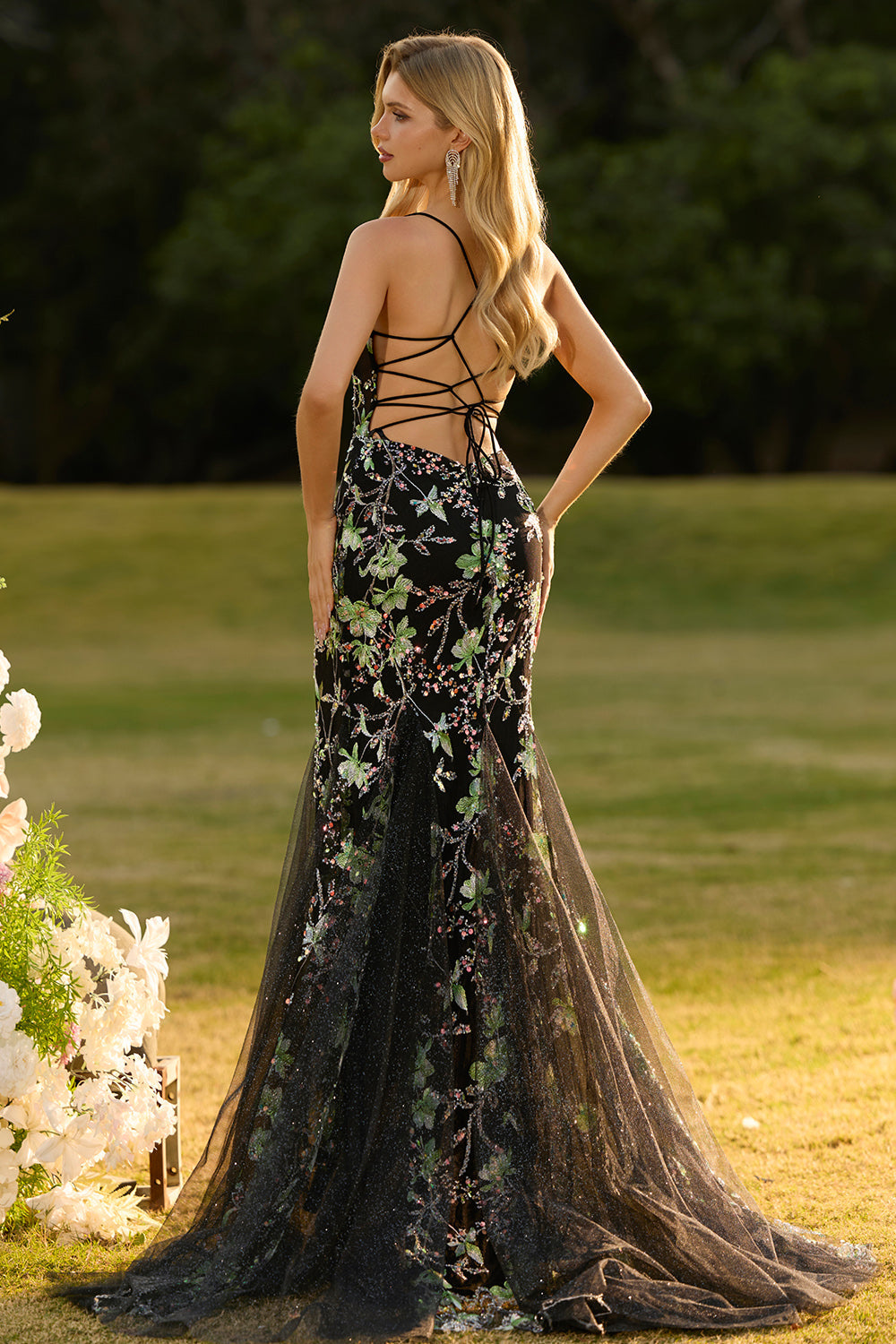 Pink Flower Mermaid Corset Spaghetti Straps Prom Dress With Sequins