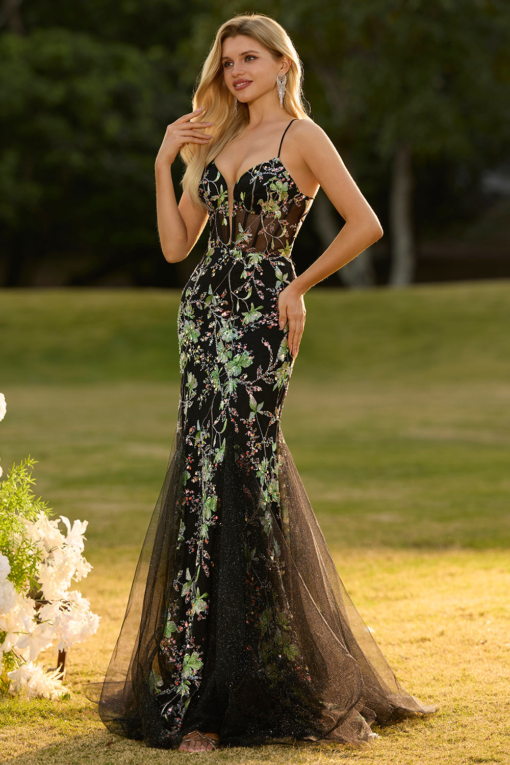 Sparkly Black Floral Mermaid Corset Maxi Prom Dress
