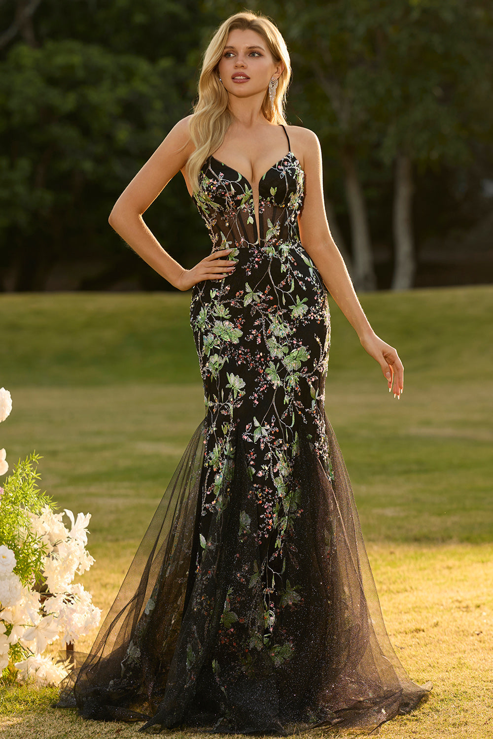 Sparkly Black Floral Mermaid Corset Maxi Prom Dress
