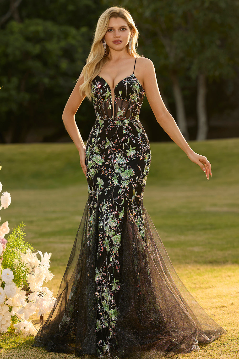 Yellow Floral Mermaid Corset Maxi Prom Dress