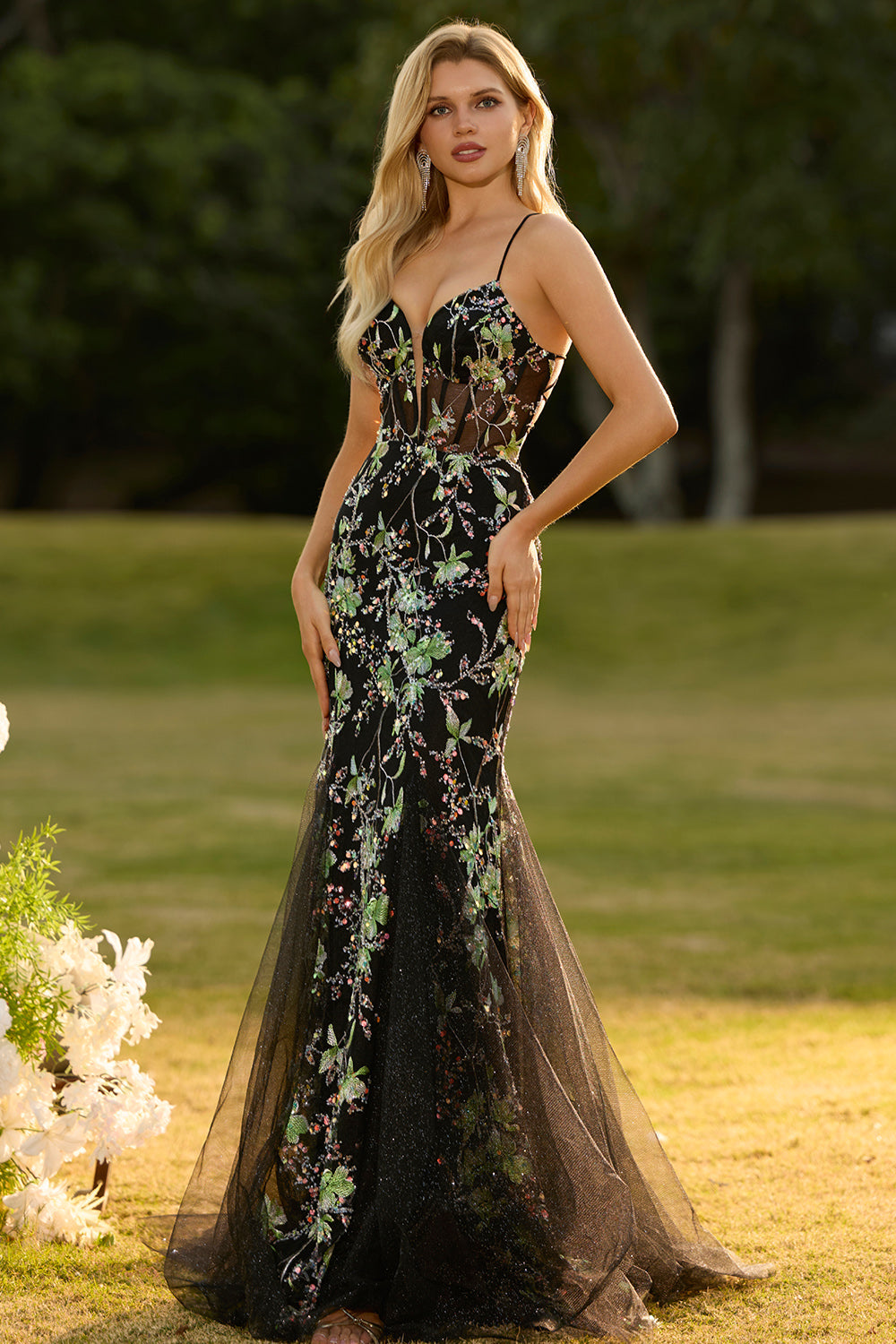 Sparkly Black Floral Mermaid Corset Maxi Prom Dress