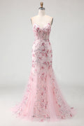 Pink Flower Mermaid Corset Spaghetti Straps Prom Dress With Sequins