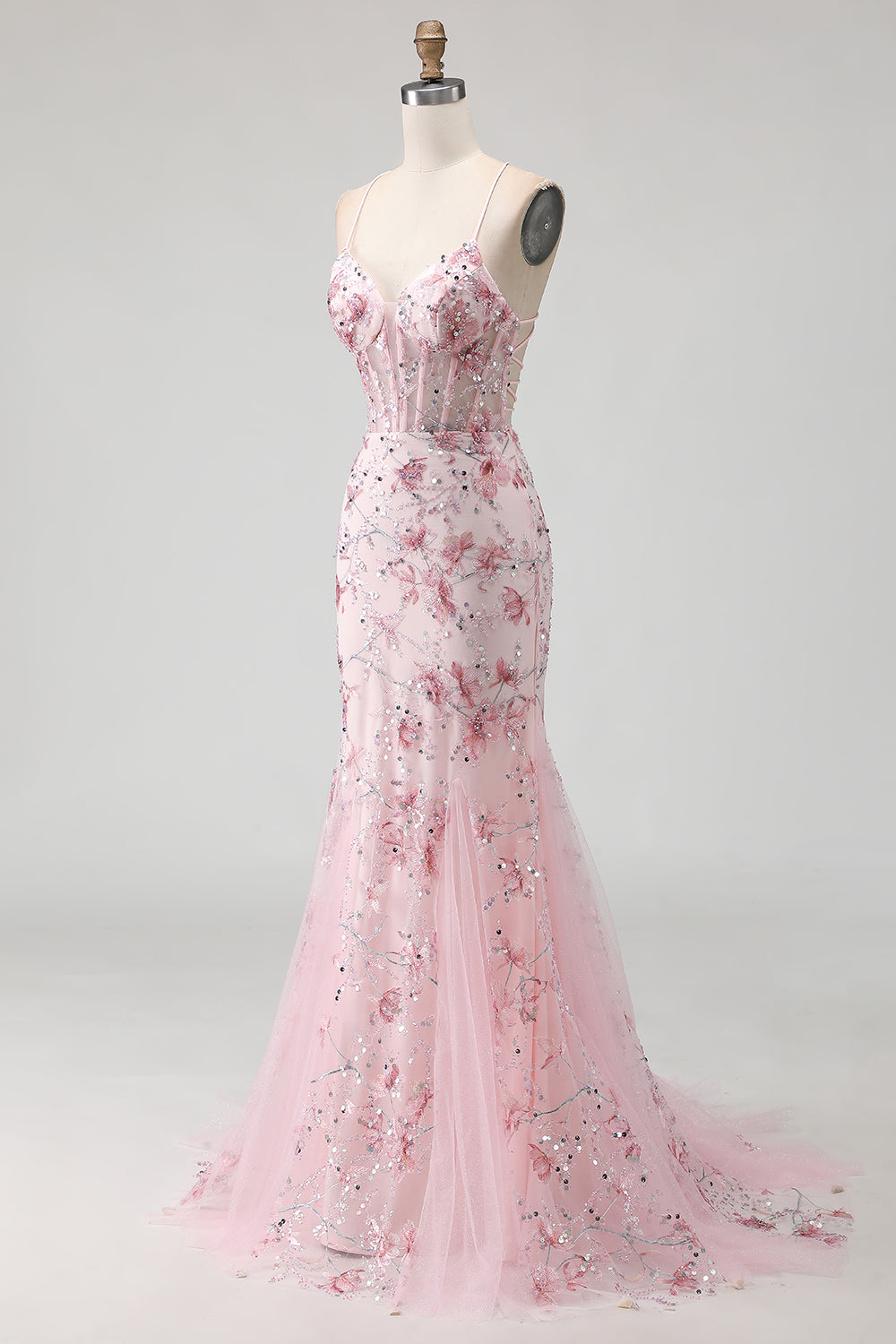 Pink Flower Mermaid Corset Spaghetti Straps Prom Dress With Sequins