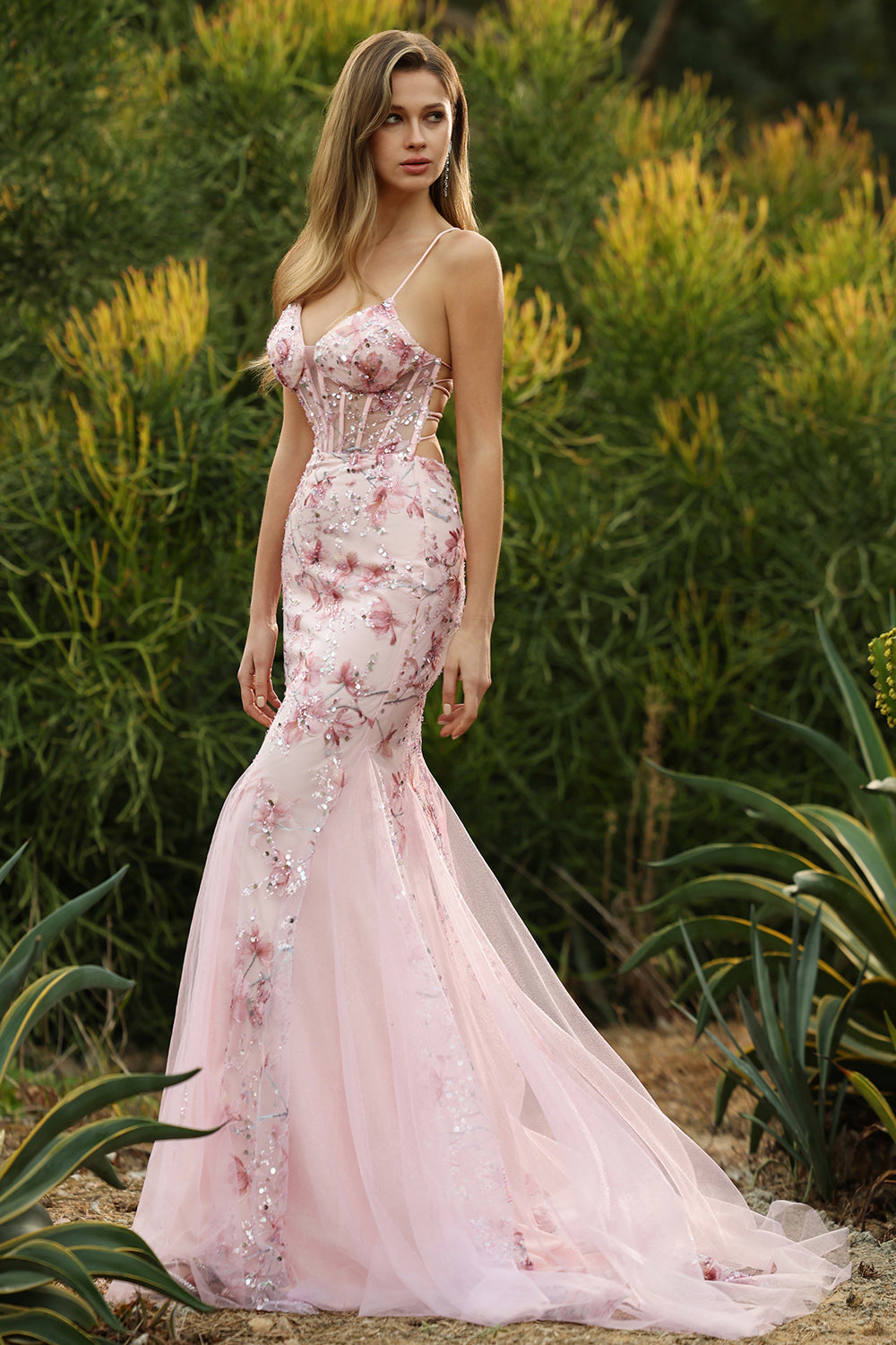 Yellow Floral Mermaid Corset Maxi Prom Dress