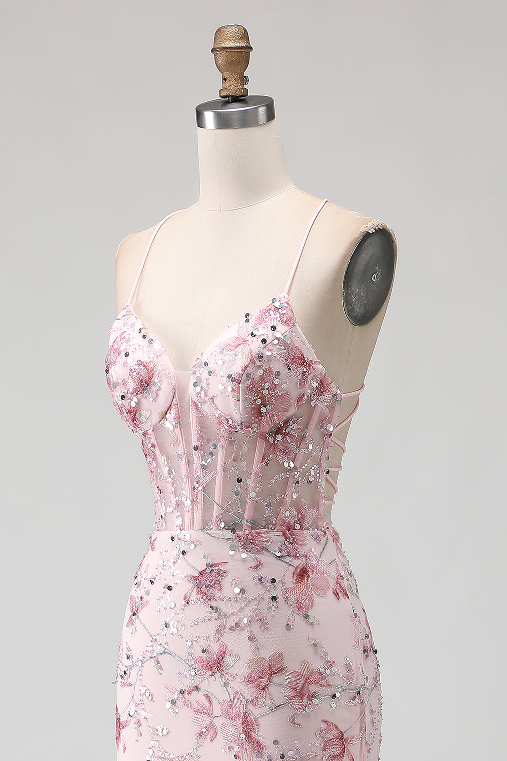 Pink Flower Mermaid Corset Spaghetti Straps Prom Dress With Sequins