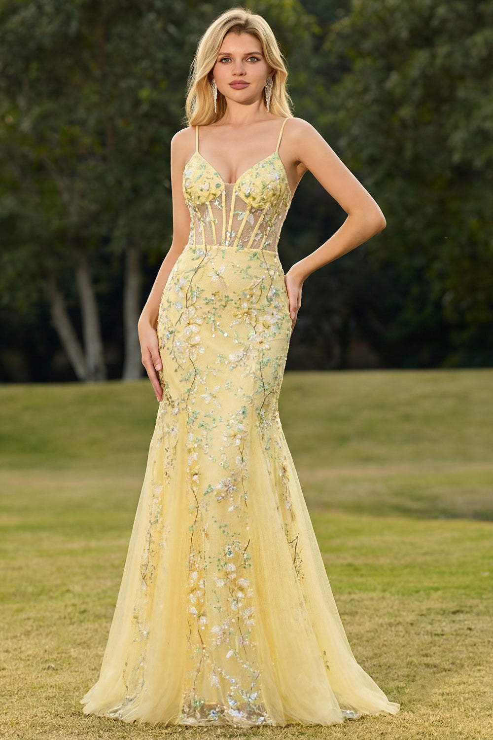 Yellow Floral Mermaid Corset Maxi Prom Dress