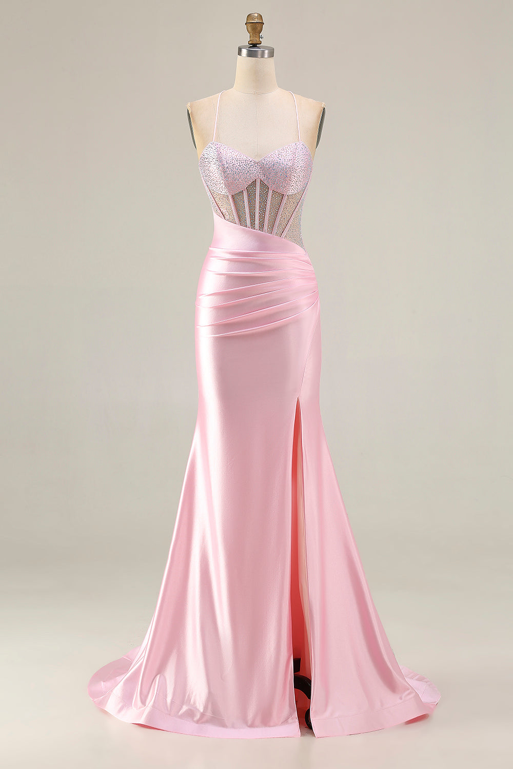 Pink Mermaid Beaded Corset Satin Prom Dress