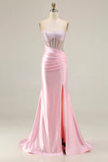 Pink Mermaid Corset Satin Beaded Prom Dress With Slit
