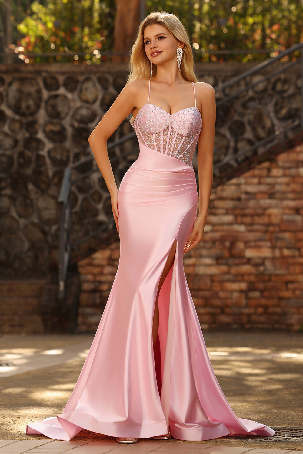 Pink Mermaid Beaded Corset Satin Prom Dress