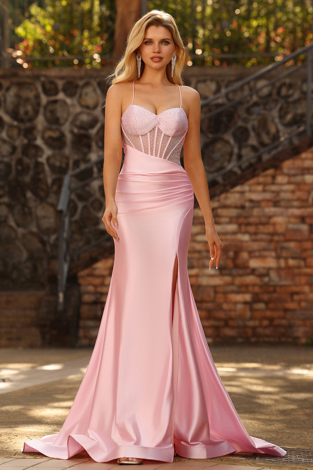 Pink Mermaid Corset Satin Beaded Prom Dress With Slit