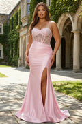 Pink Mermaid Beaded Corset Satin Plus Size Prom Dress