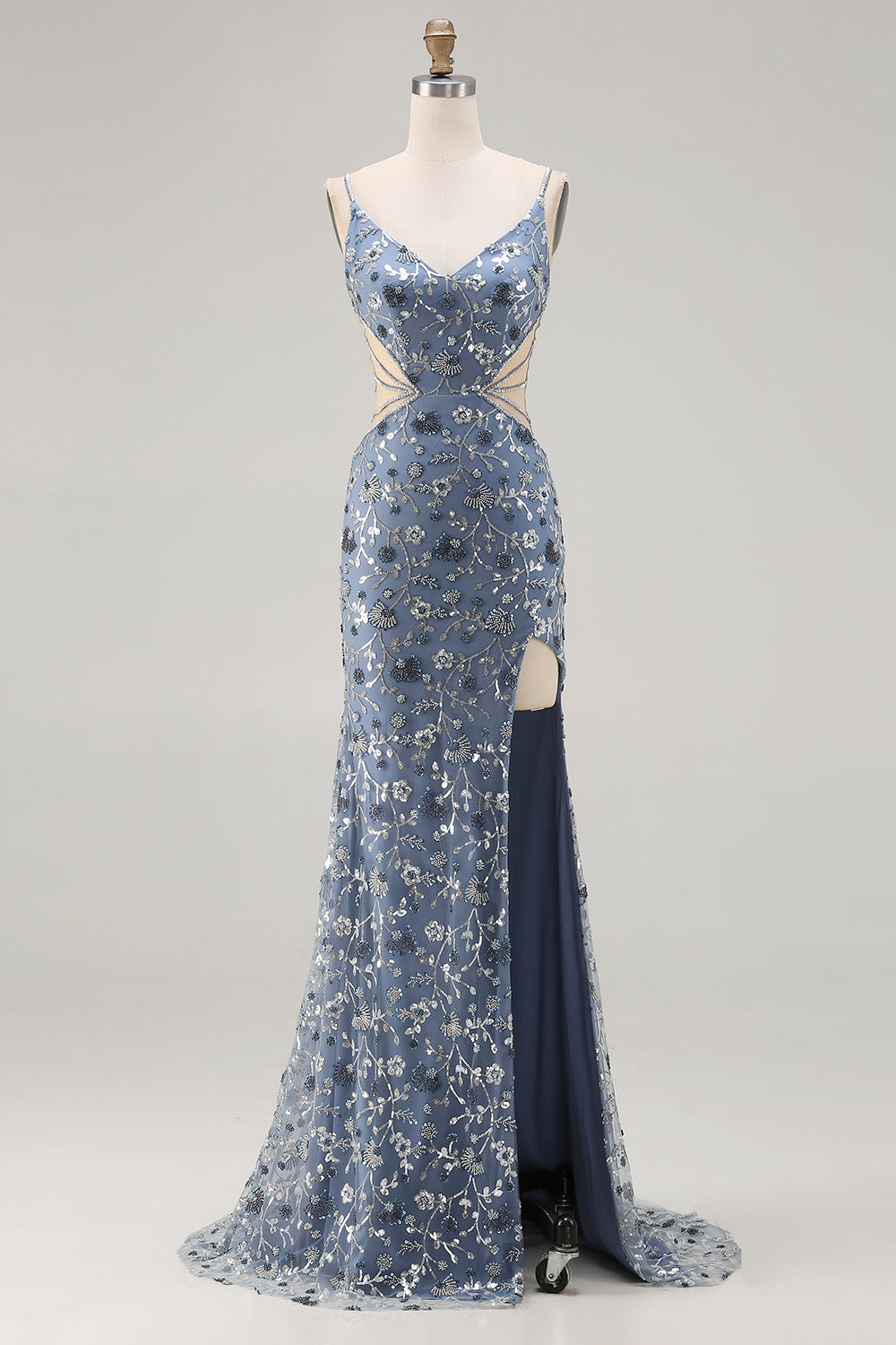 Mermaid Sequin Dusty Blue Cut Out Prom Dress With Slit