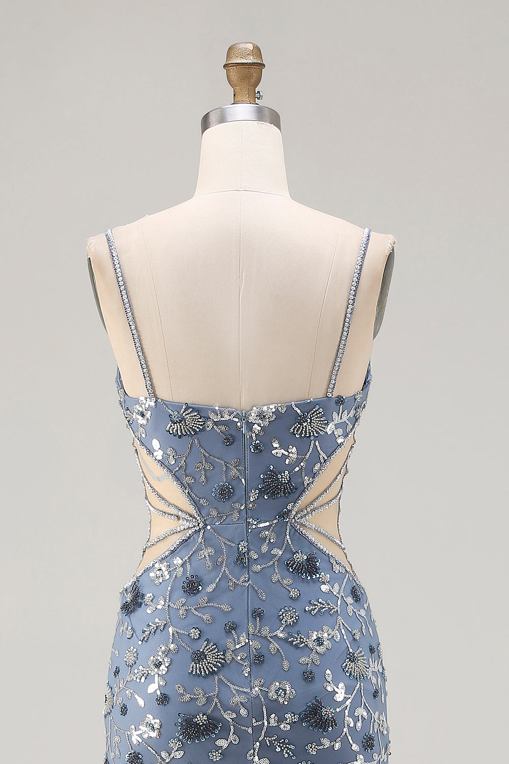 Mermaid Sequin Dusty Blue Cut Out Prom Dress With Slit
