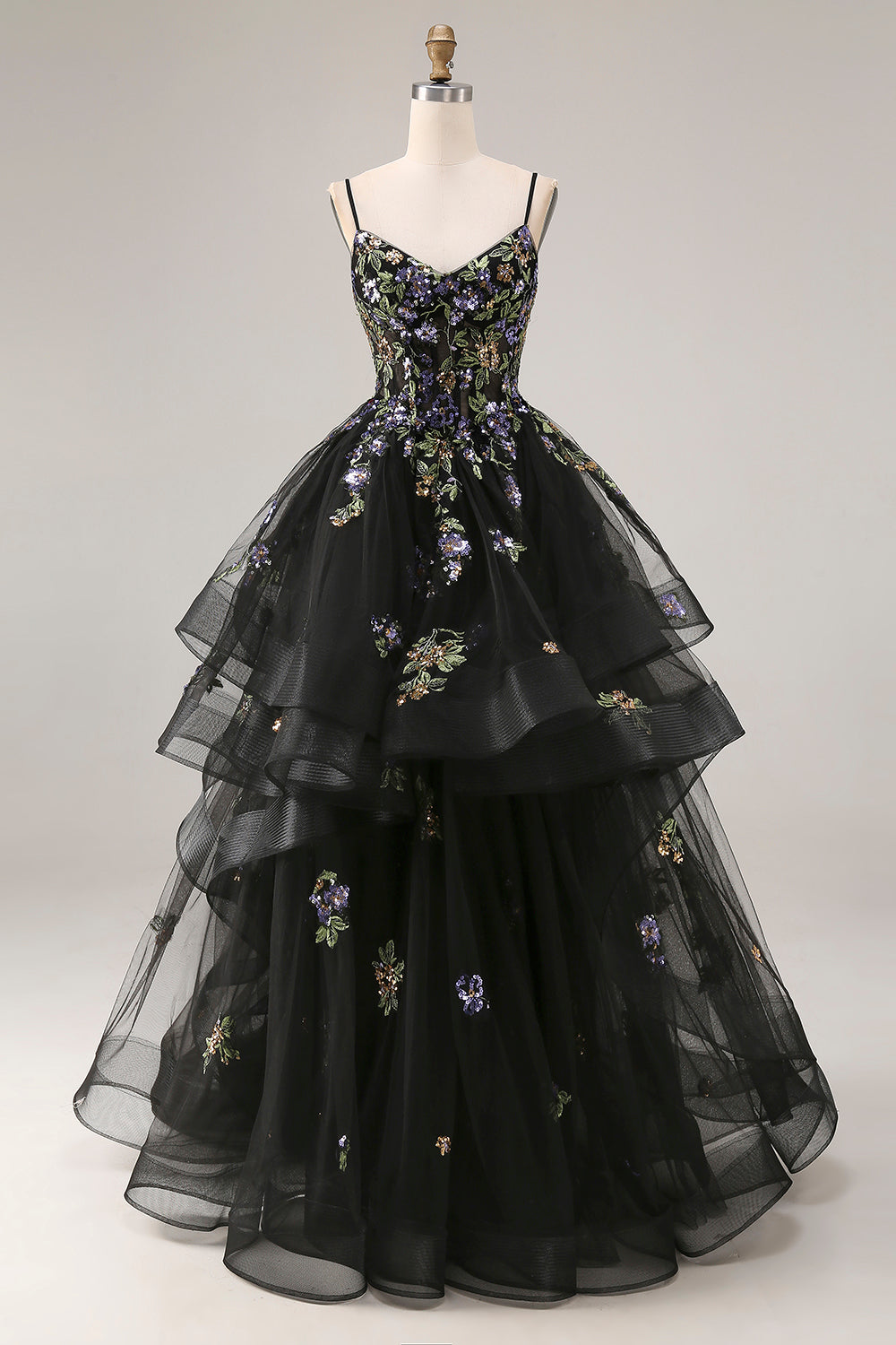 Black Sequin Ruffled Corset Ball Gown Prom Dress