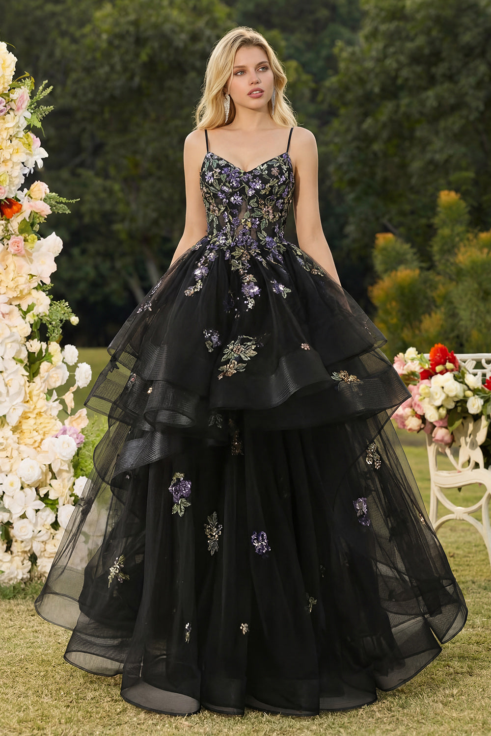 Black Sequin Ruffled Corset Ball Gown Prom Dress