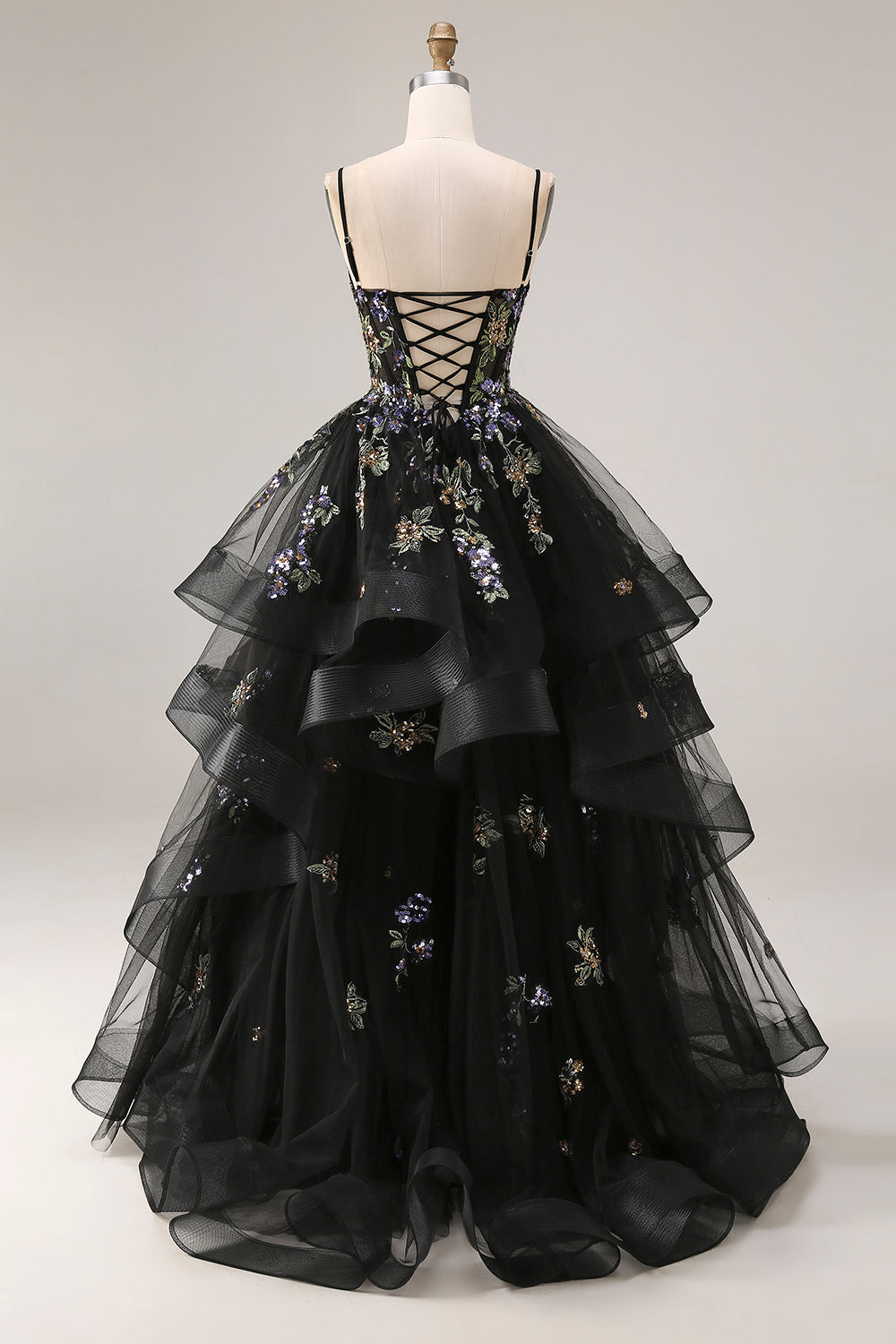Black Sequin Ruffled Corset Ball Gown Prom Dress