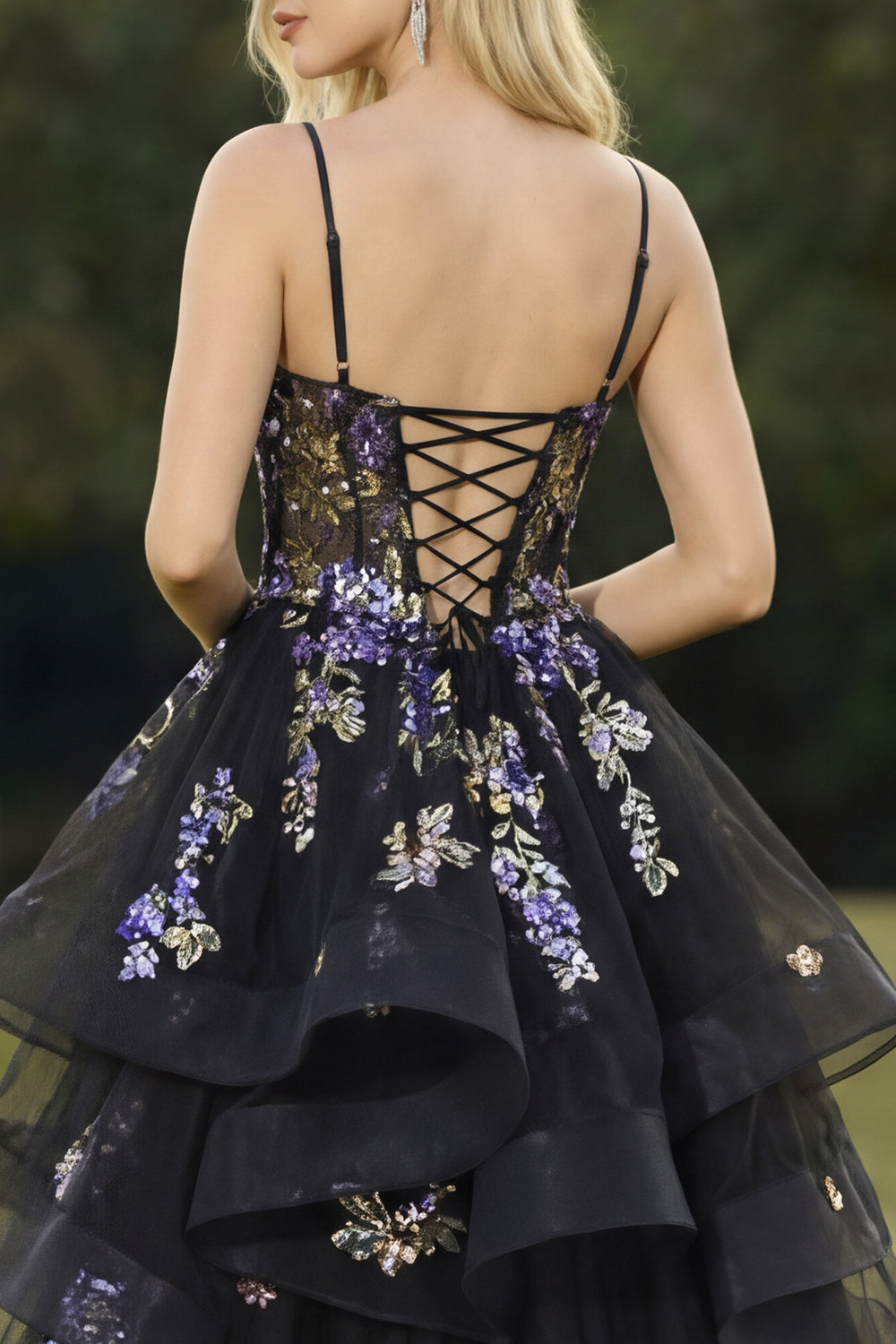 Black Sequin Ruffled Corset Ball Gown Prom Dress