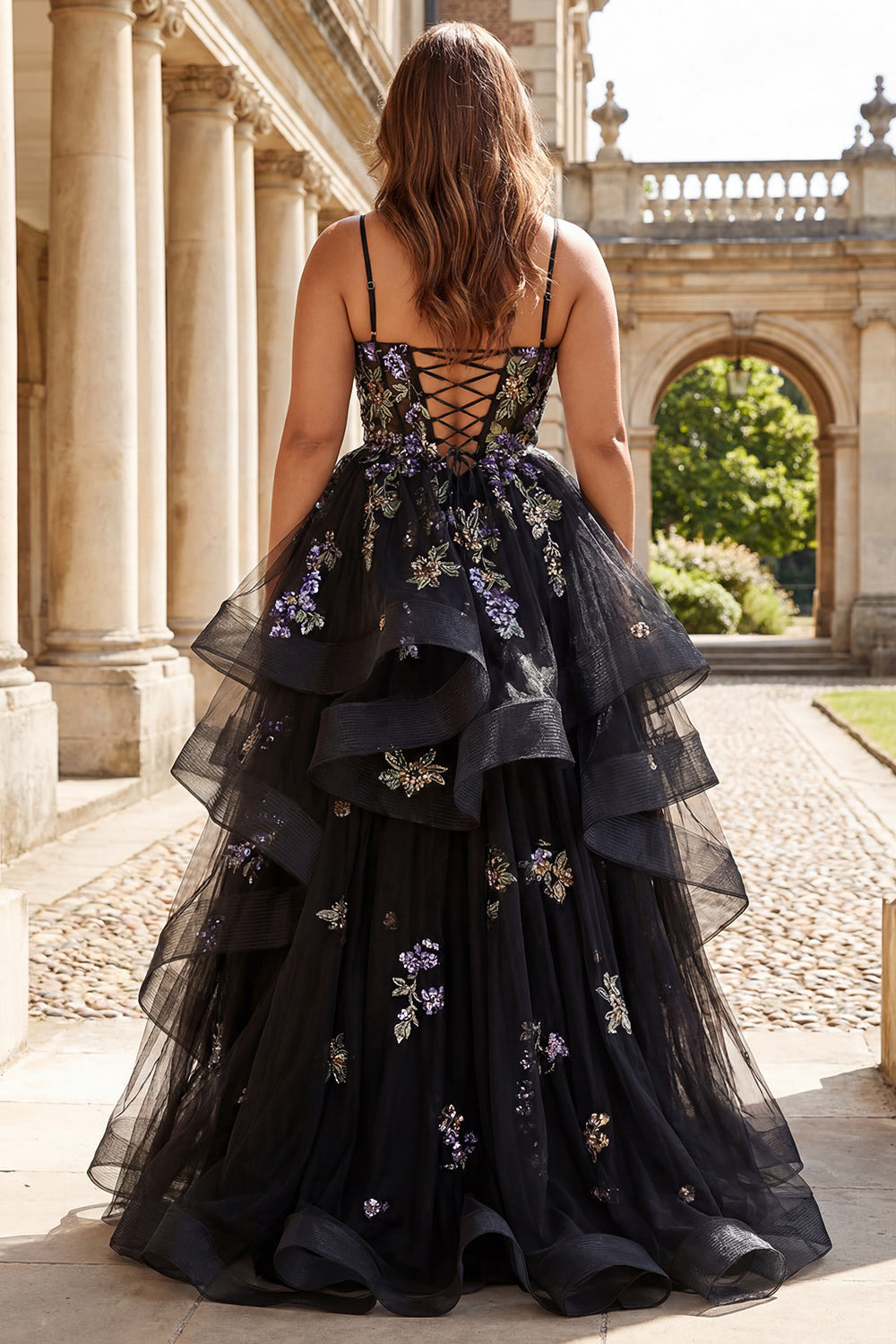 Plus Size Black Sequin Ruffled Corset Ball Gown Prom Dress