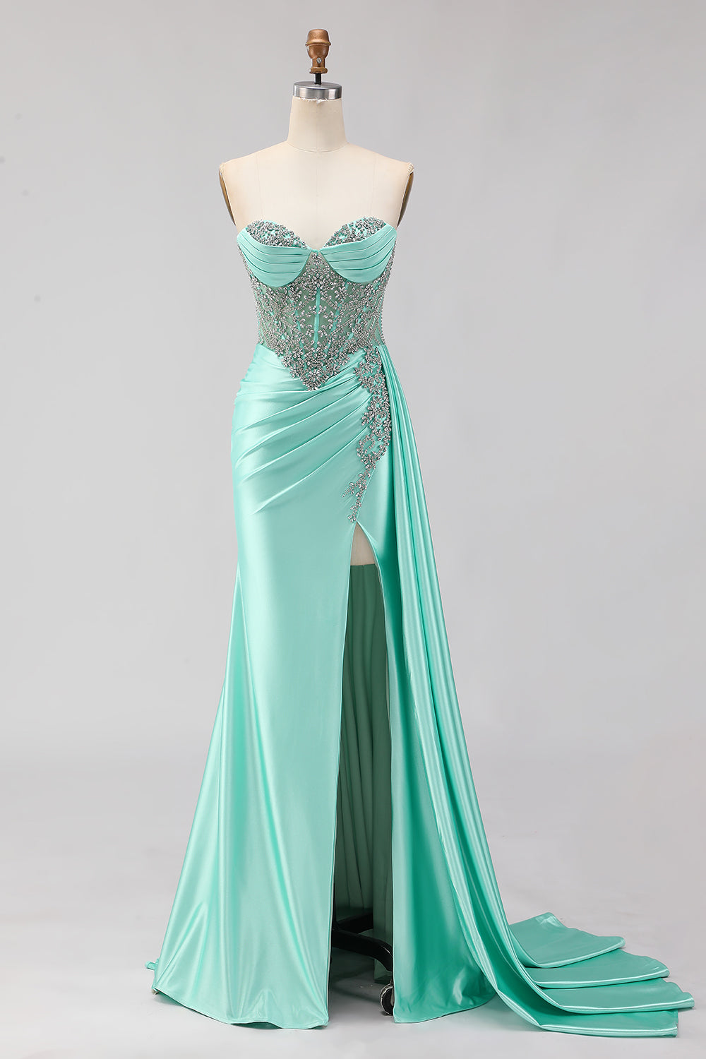 Mermaid Sweetheart Mint Green Beaded Satin Prom Dress