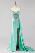 Sweetheart Mermaid Mint Green Beaded Satin Prom Dress With Slit