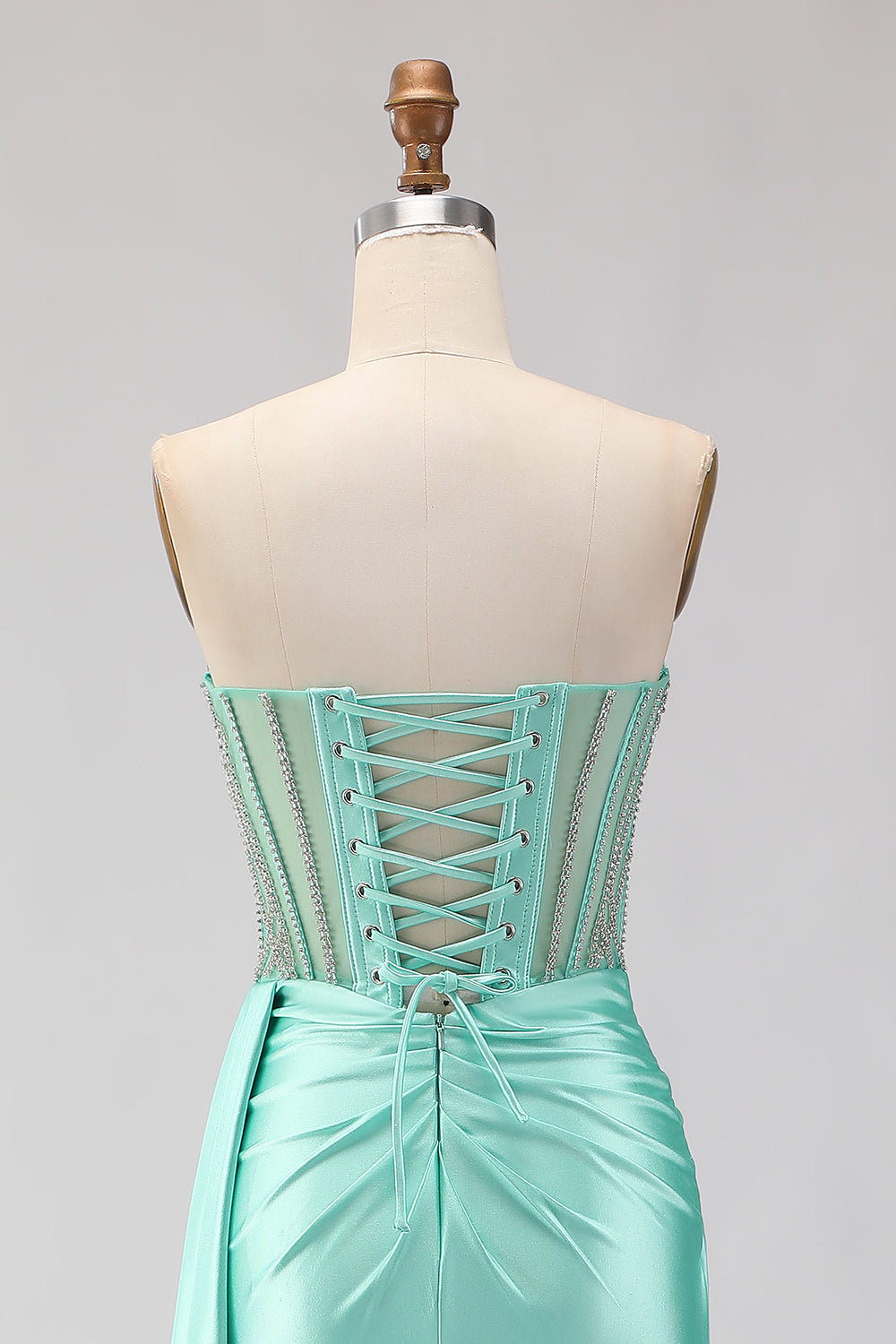 Sweetheart Mermaid Mint Green Beaded Satin Prom Dress With Slit
