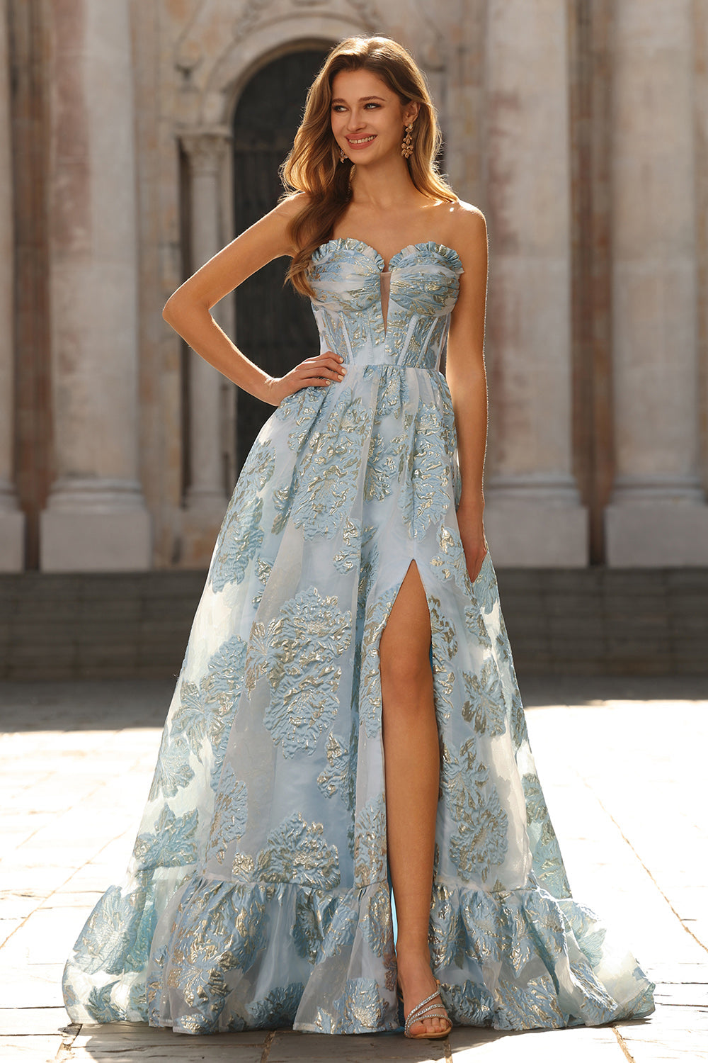 Pink A Line Floral Strapless Corset Prom Dress with Ruffles