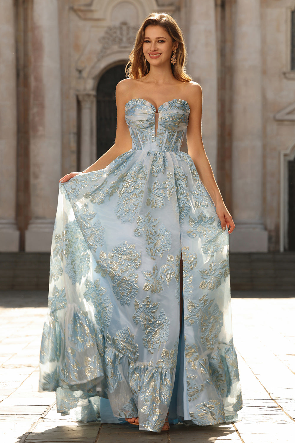 Light Blue A Line Floral Corset Strapless Prom Dress