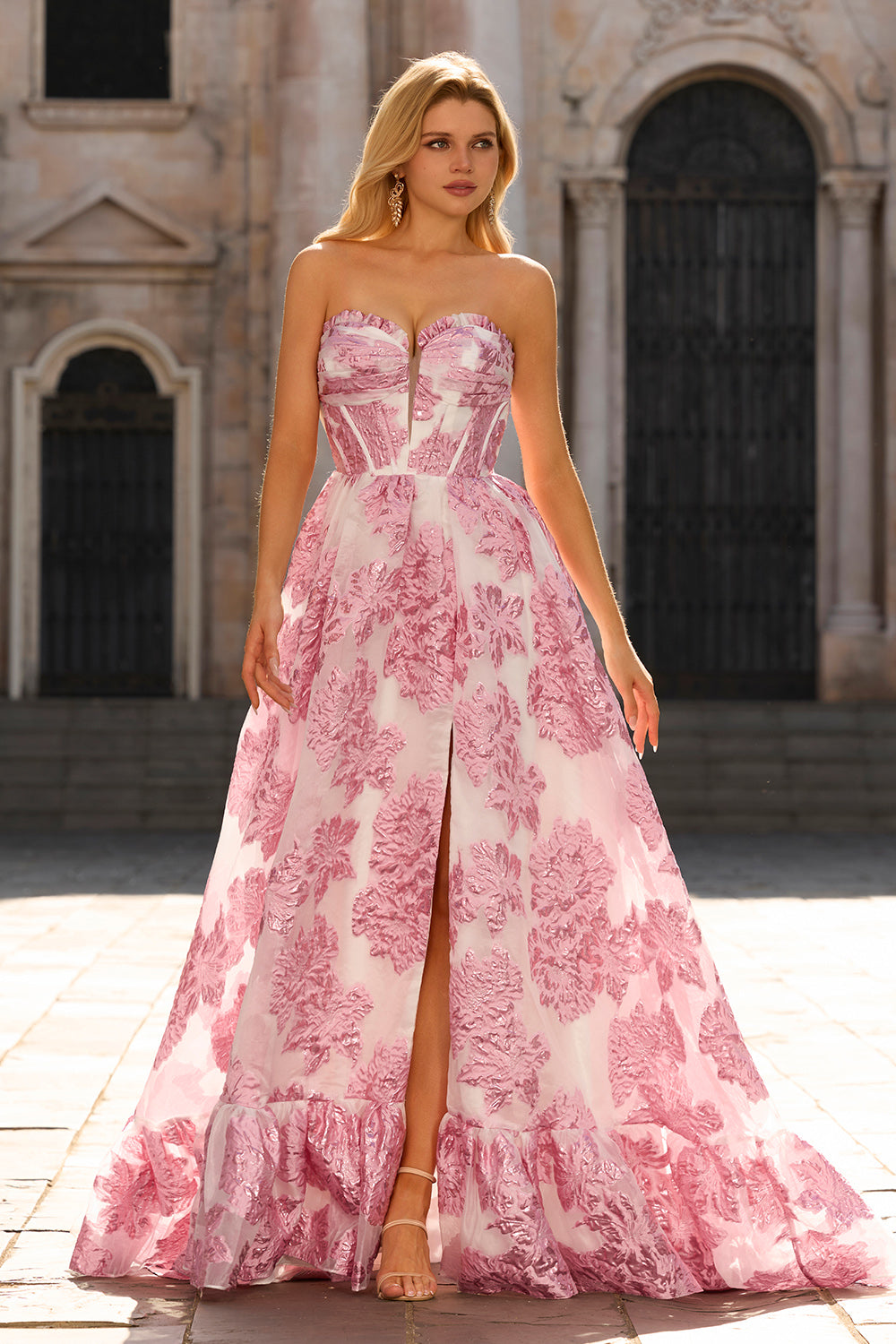 Light Blue A Line Floral Corset Strapless Prom Dress
