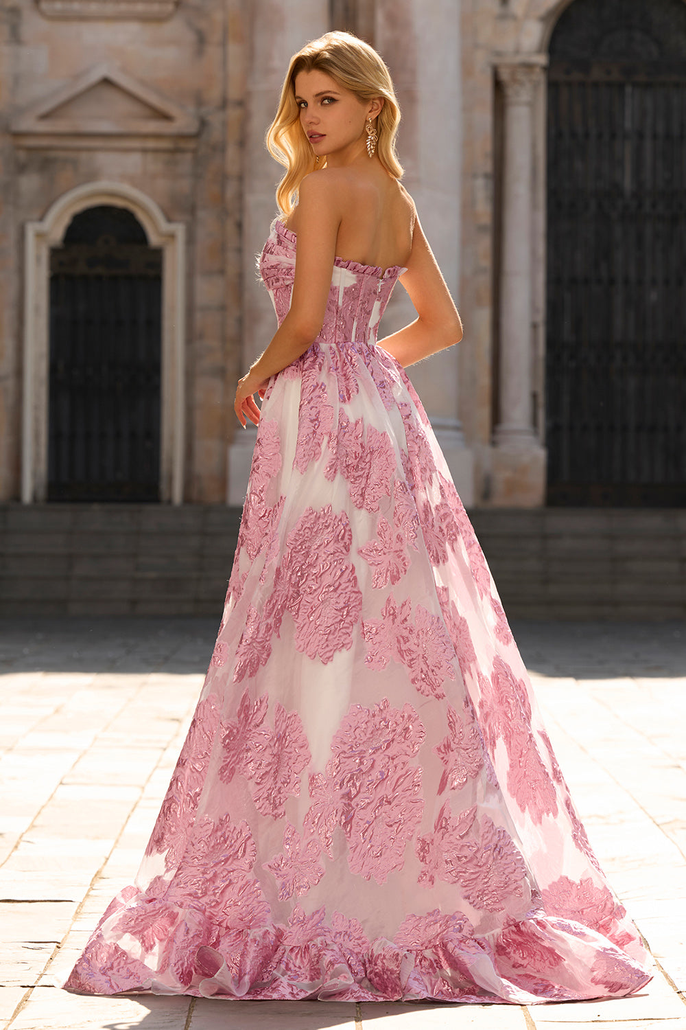 Light Blue A Line Floral Corset Strapless Prom Dress