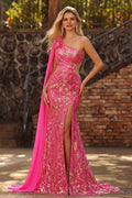 Sparkly 3D Flower One Shoulder Fuchsia Cut Out Prom Dress