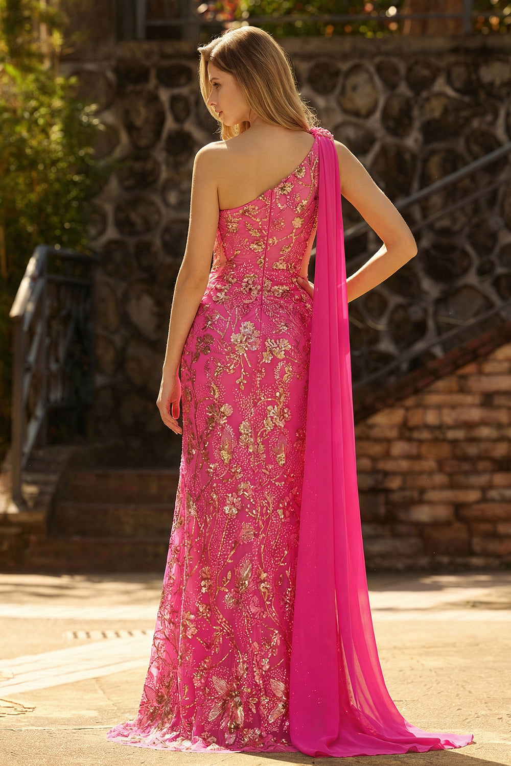 Sparkly 3D Flower One Shoulder Fuchsia Cut Out Prom Dress