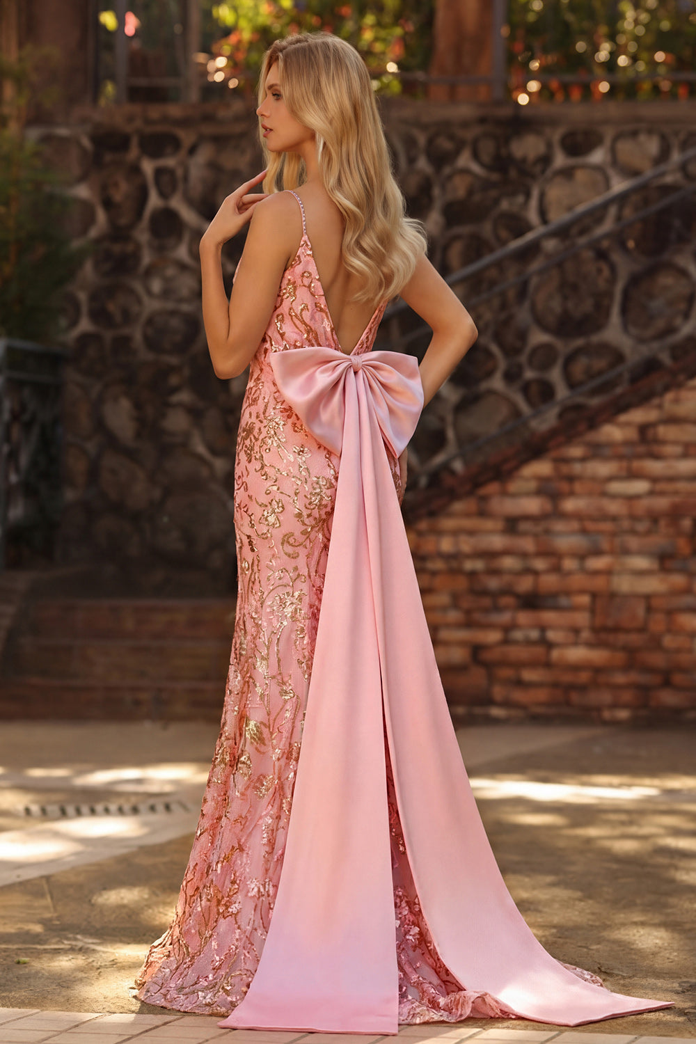 Sparkly Pink Mermaid Maxi Prom Dress with Bow