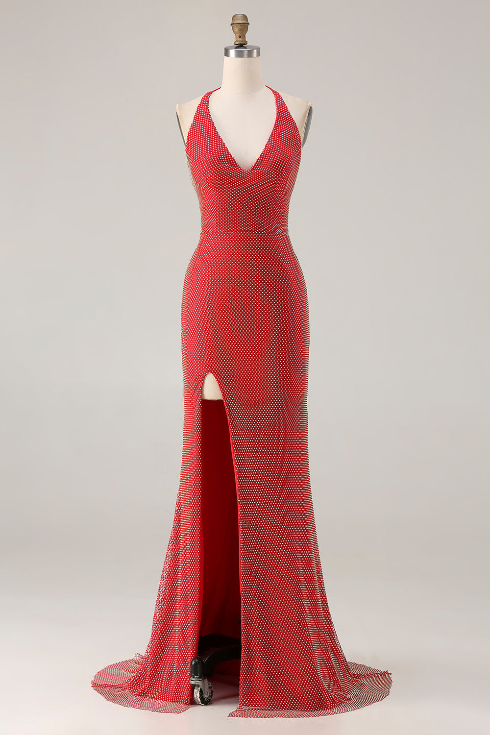 Red Beaded Halter Mermaid Prom Dress With Slit