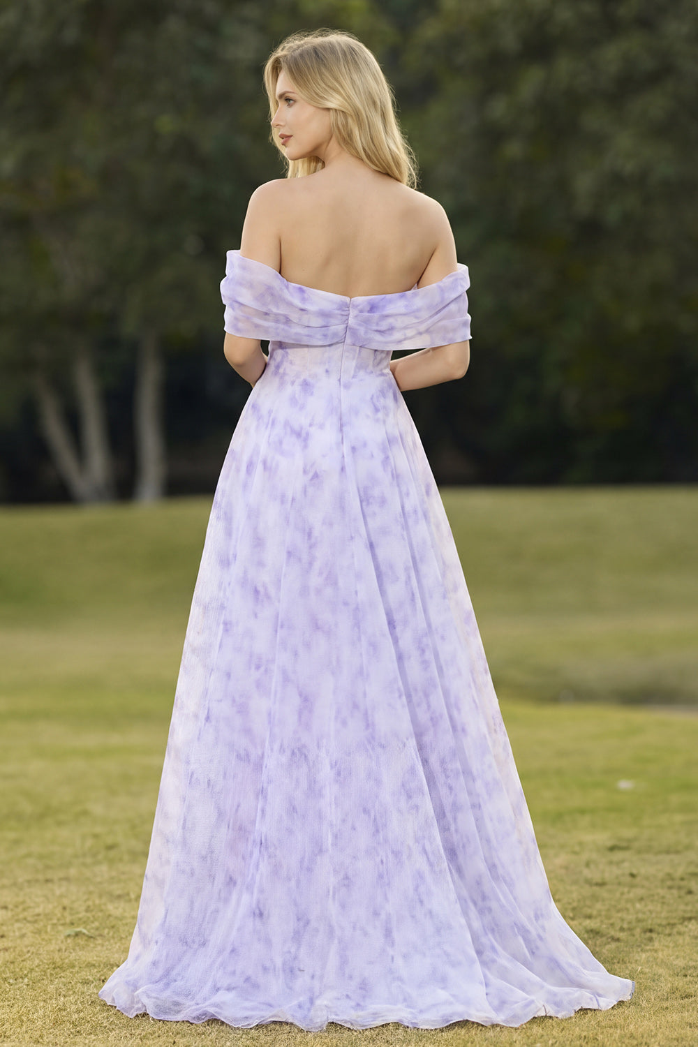 Off the Shoulder Floral Lilac A Line Corset Prom Dress