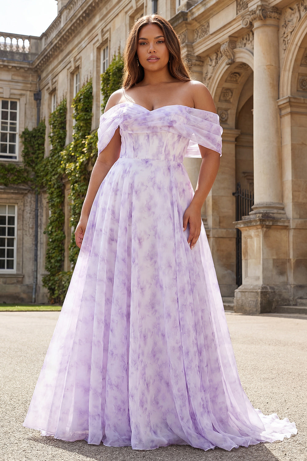 Off the Shoulder Plus Size Floral Lilac A Line Corset Prom Dress