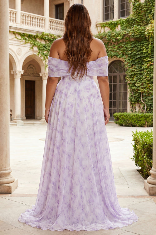 Off the Shoulder Plus Size Floral Lilac A Line Corset Prom Dress