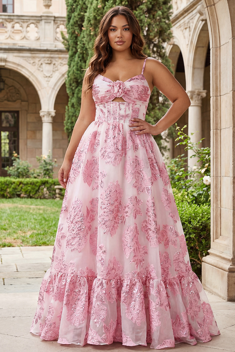 3D Flower Cut Out Pink Floral Plus Size Corset Prom Dress