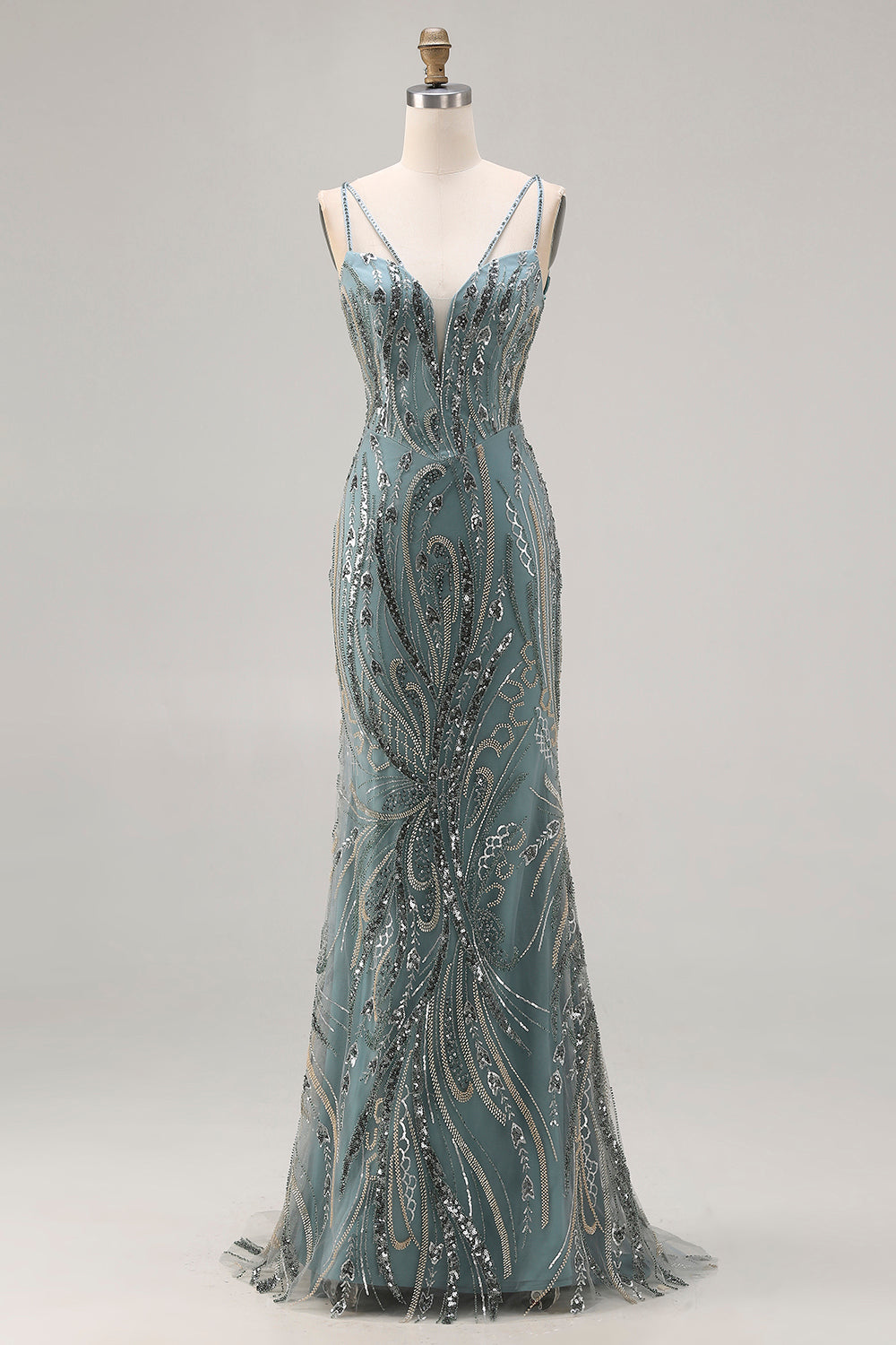Sparkly Grey Green Beaded Spaghetti Straps Mermaid Prom Dress