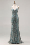 Sparkly Grey Green Beaded Spaghetti Straps Mermaid Prom Dress