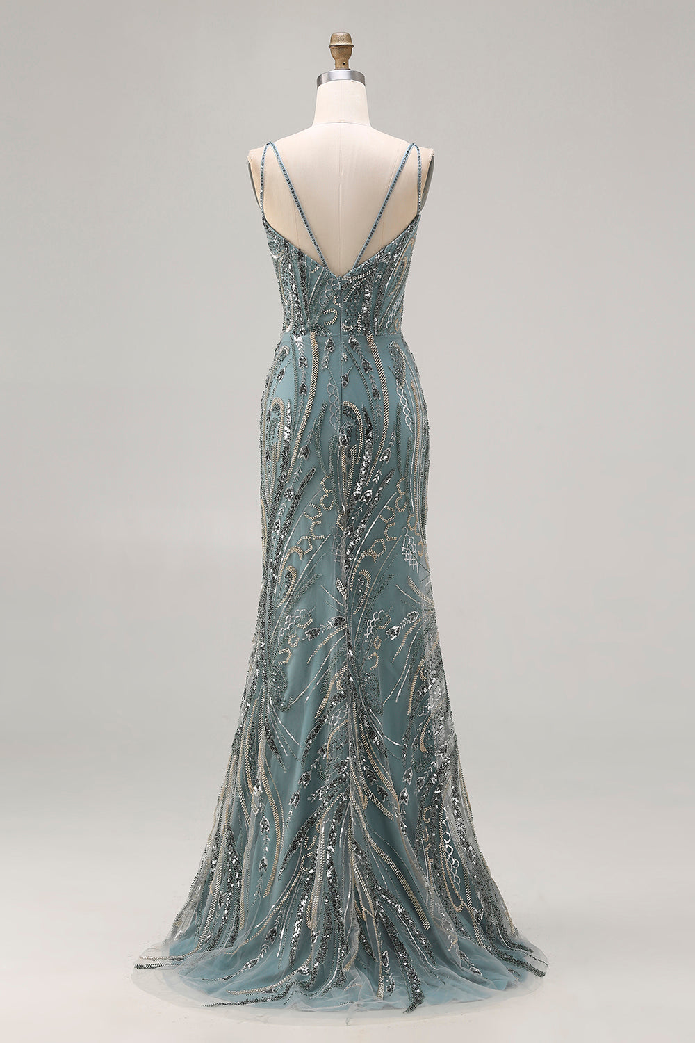 Sparkly Grey Green Beaded Mermaid Maxi Prom Dress